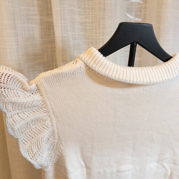 Lauren Conrad Cream Knit Polo Shirt / Sweater Top w/ Ruffled Sleeves Size Large - Picture 10 of 10